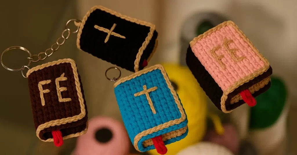 Mini Bíblia Chaveiro Amigurumi feita em crochê estilo, usada como chaveiro artesanal. Receita gratuita disponível no blog de crochê cristão.
