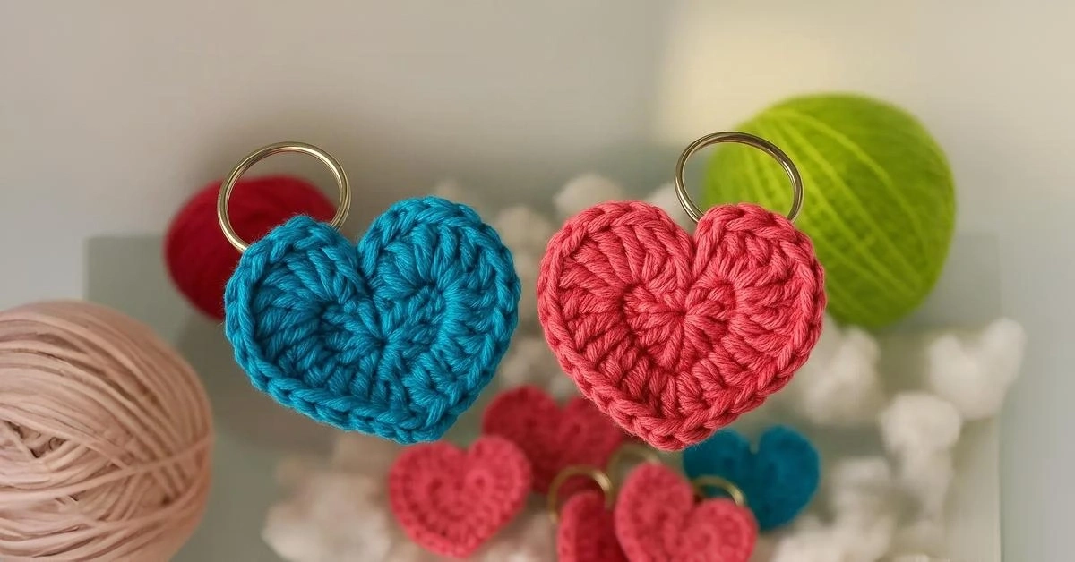 Chaveiro coração em crochê com ponto simples, ideal para presentear, decorar ou vender. Receita passo a passo com acabamento artesanal.