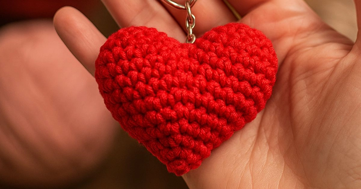 Chaveiro coração de crochê com enchimento, em fio vermelho e formato delicado, ideal como chaveiro artesanal. Receita passo a passo fácil.