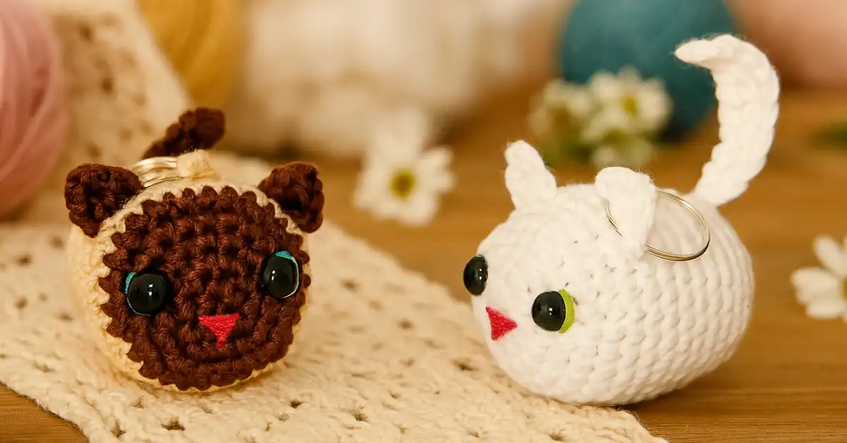 Gato Roliço Chaveiro de Crochê – Receita Amigurumi Passo a Passo: chaveiros de crochê em formato de gatinho, feitos com técnica amigurumi, nas cores marrom com bege e branco, sobre mesa de madeira com fundo decorativo de flores secas e novelos – ideal para quem busca passo a passo criativo e delicado.